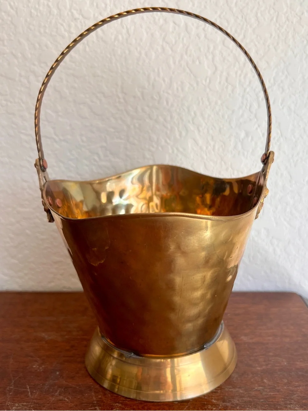 Pair of Solid Brass India Hammered Decorative Bucket Planter Basket Vintage